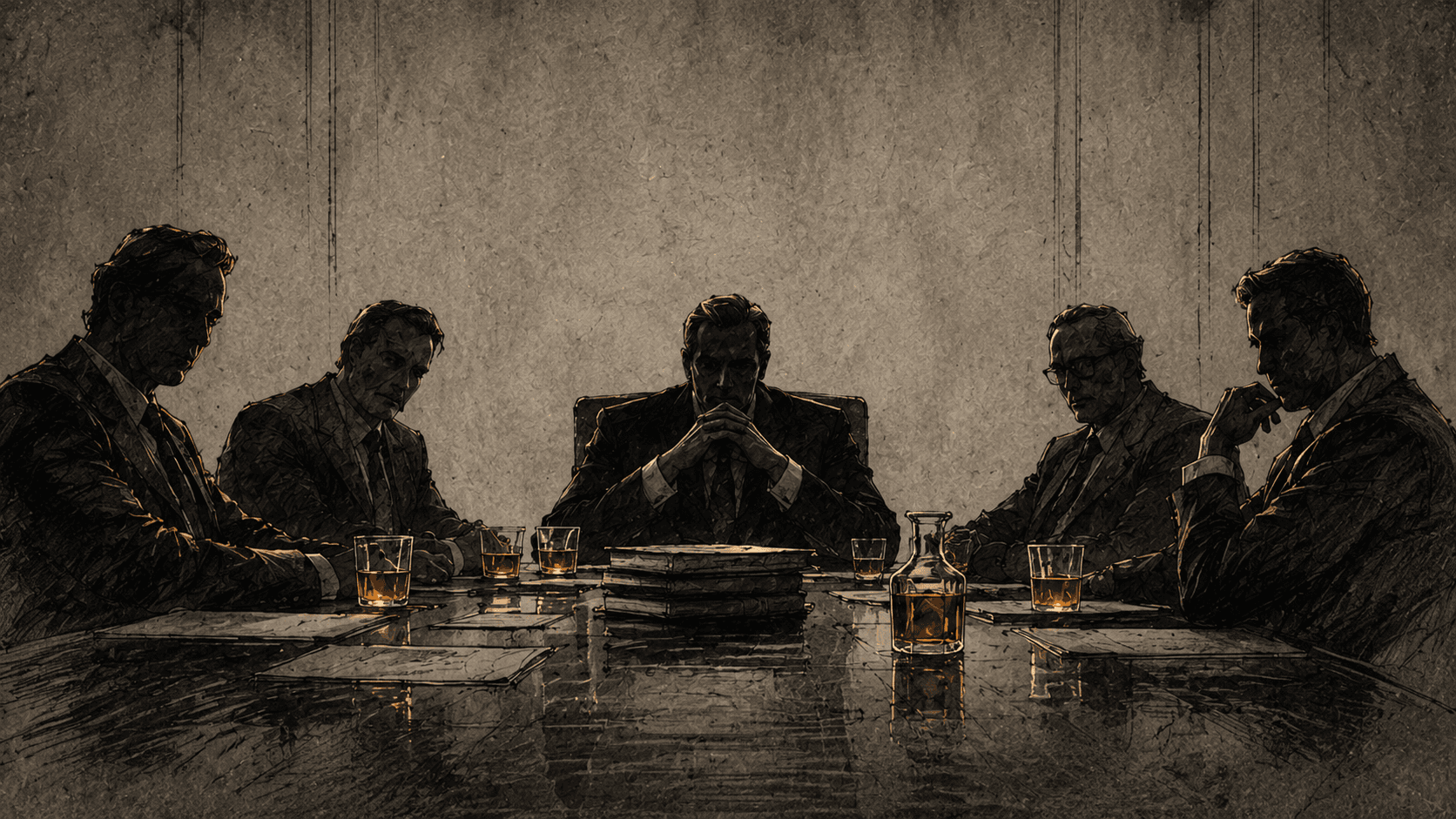 Five investors seated in shadow around a boardroom table, glasses of whisky catching the light.